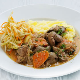 Гуляш из печени цыпленка с овощами(пюре)